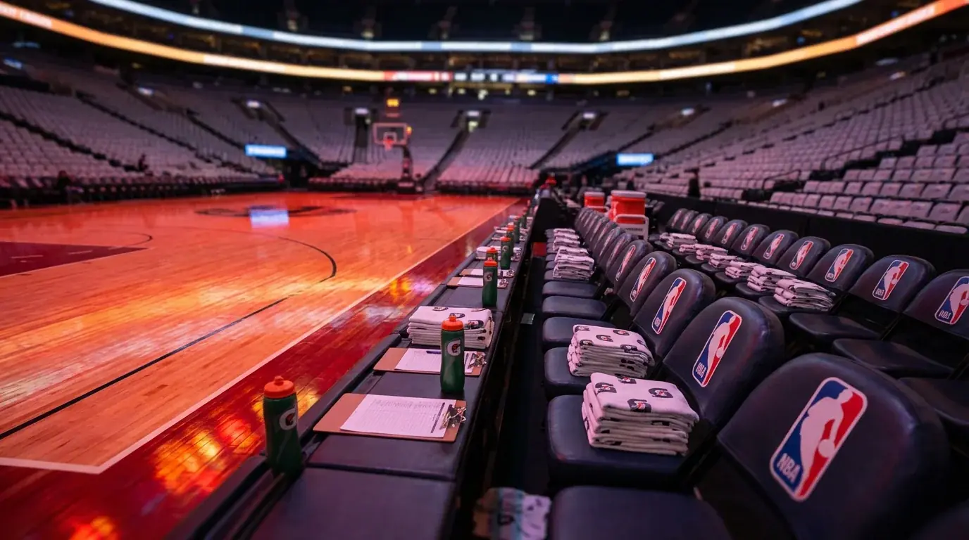 NBA team bench showing player substitution during game with statistical overlay